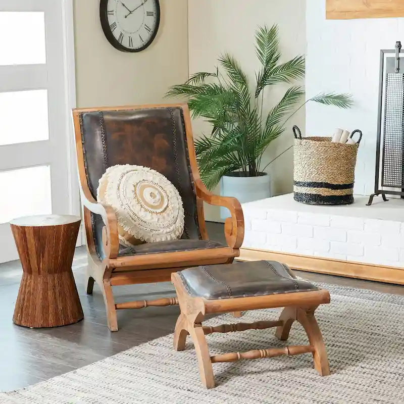 Teak Wood Handmade Upholstered Leather Accent Chair with Ottoman - Brown or Black