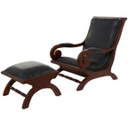 Teak Wood Handmade Upholstered Leather Accent Chair with Ottoman - Brown or Black