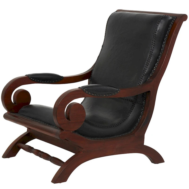 Teak Wood Handmade Upholstered Leather Accent Chair with Ottoman - Brown or Black