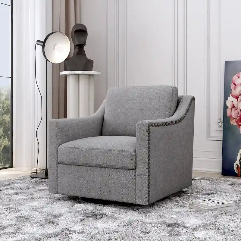 360 Degree Swivel Armchair Cotton linen fabric Ergonomic design Brass nail decorative armchair Living room chairs Black legs