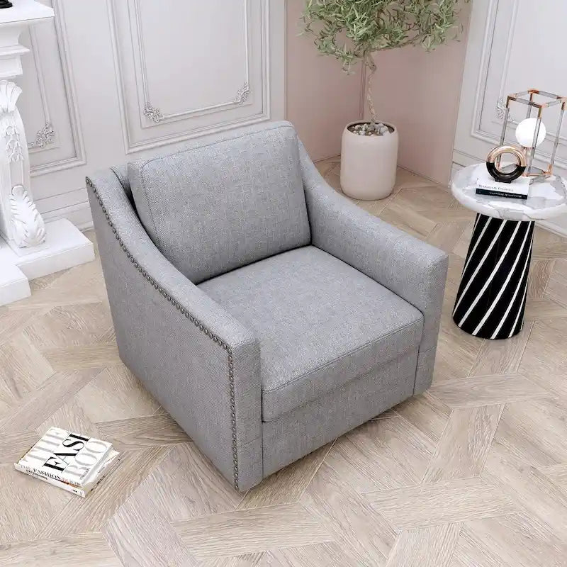 360 Degree Swivel Armchair Cotton linen fabric Ergonomic design Brass nail decorative armchair Living room chairs Black legs