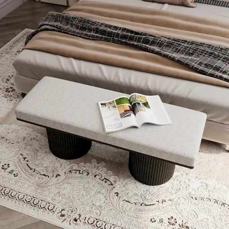 Upholstered Bench with Black Chunky Legs Light Grey Boucle Fabric Contemporary Style Bed-end Bench for Bedroom Living Room