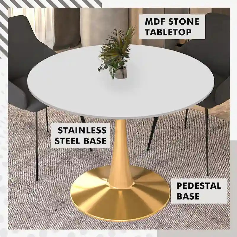 Round Dining Table for 4 with MDF Tabletop in Gold Steel Base for Kitchen & Dining Room
