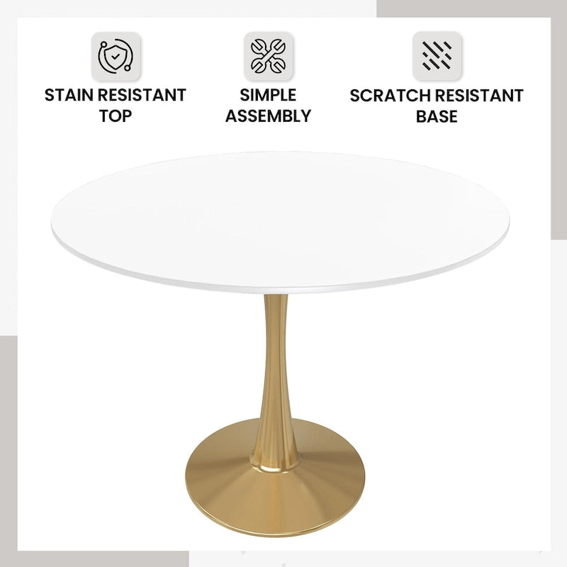 Round Dining Table for 4 with MDF Tabletop in Gold Steel Base for Kitchen & Dining Room
