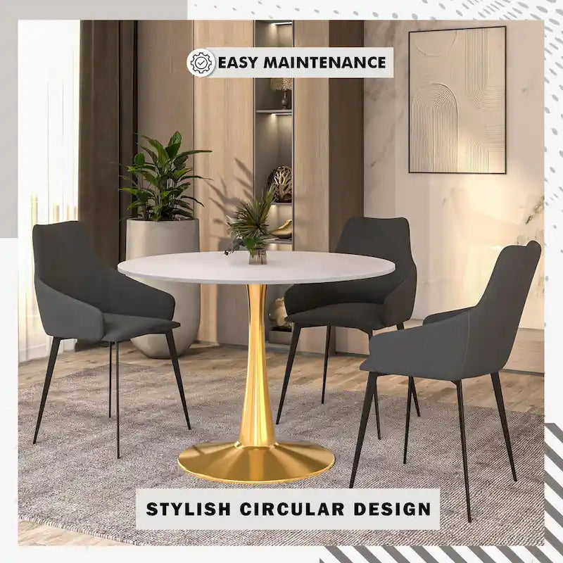 Round Dining Table for 4 with MDF Tabletop in Gold Steel Base for Kitchen & Dining Room