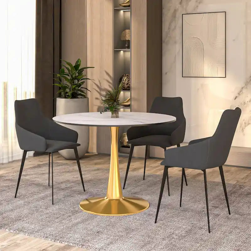 Round Dining Table for 4 with MDF Tabletop in Gold Steel Base for Kitchen & Dining Room