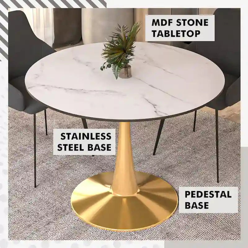 Round Dining Table for 4 with MDF Tabletop in Gold Steel Base for Kitchen & Dining Room
