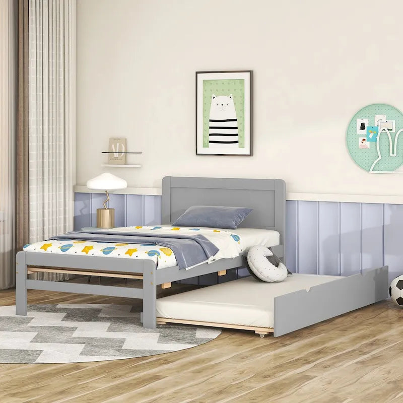 Contemporary Twin Platform Bed Frame with Trundle - Durable Rubberwood, Plywood, MDF Construction