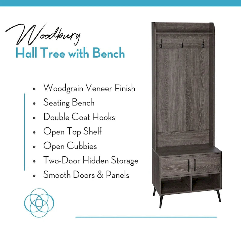 Hall Tree with Entryway Bench - Brown Weathered Wood - Multi-Person