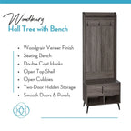 Hall Tree with Entryway Bench - Brown Weathered Wood - Multi-Person