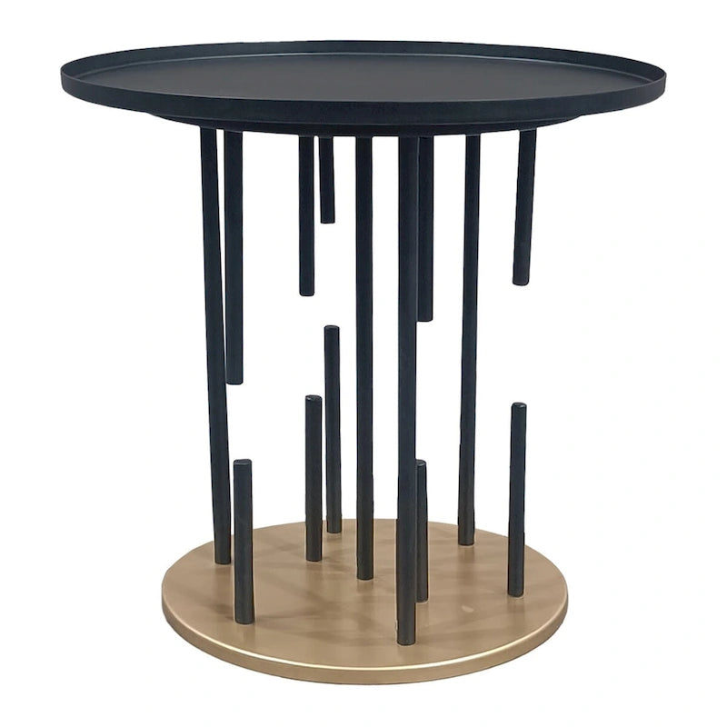 20 Inch Side End Table, Round Matte Black Tray Top, Modern Rod Supports with Brass Base