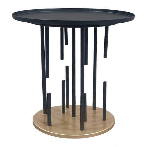 20 Inch Side End Table, Round Matte Black Tray Top, Modern Rod Supports with Brass Base
