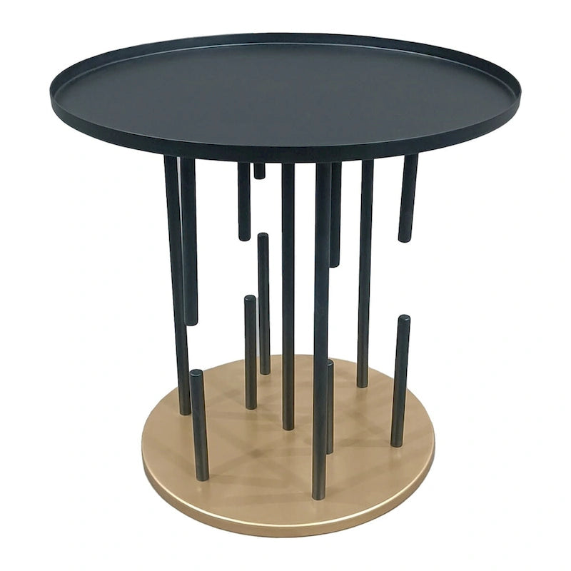 20 Inch Side End Table, Round Matte Black Tray Top, Modern Rod Supports with Brass Base
