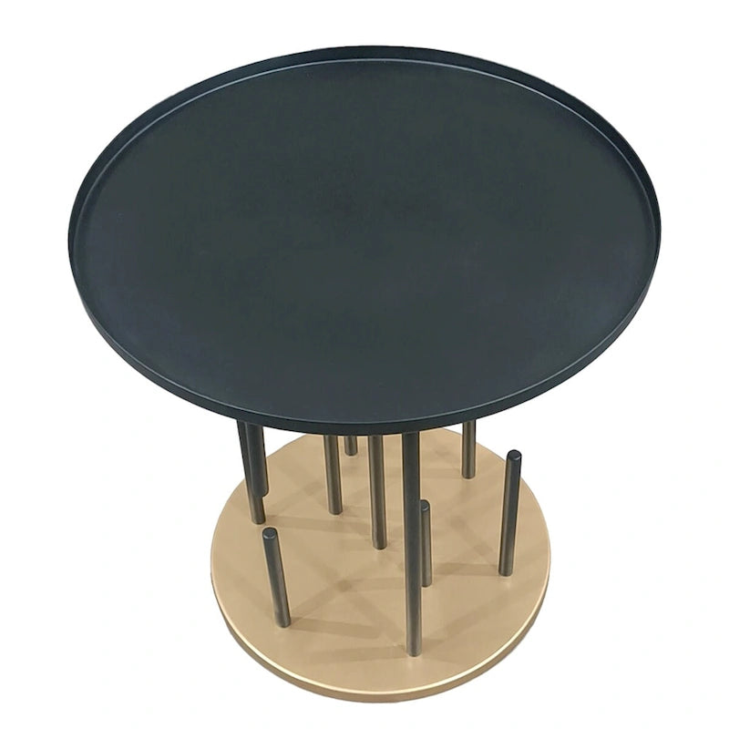 20 Inch Side End Table, Round Matte Black Tray Top, Modern Rod Supports with Brass Base