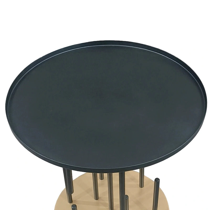20 Inch Side End Table, Round Matte Black Tray Top, Modern Rod Supports with Brass Base