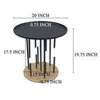 20 Inch Side End Table, Round Matte Black Tray Top, Modern Rod Supports with Brass Base