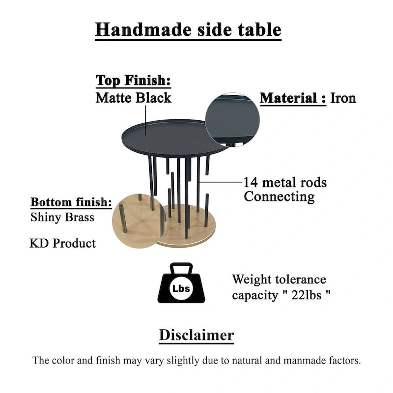 20 Inch Side End Table, Round Matte Black Tray Top, Modern Rod Supports with Brass Base