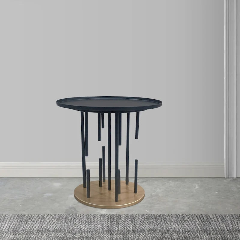 20 Inch Side End Table, Round Matte Black Tray Top, Modern Rod Supports with Brass Base
