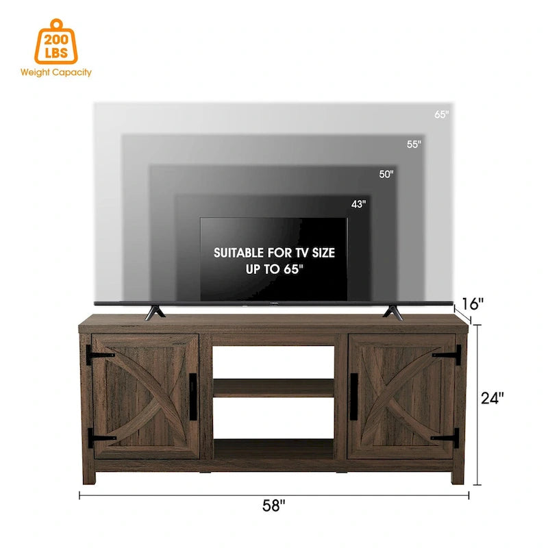 58 Rustic Walnut Barn Door Wood Console TV Stand for TV's up to 65 - 58 inches in width