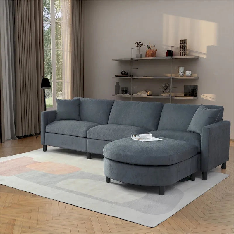 107.87 Sectional Sofa with Ottoman, Removable Cushions and Armrest Pockets,Dark Gray