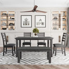 6 Piece Room Chairs with Bench, Rustic Wood Dining Set Table, Gray