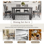 6 Piece Room Chairs with Bench, Rustic Wood Dining Set Table, Gray