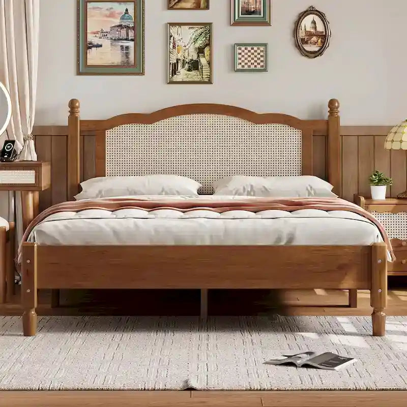 Wooden Platform Bed with Rattan Headboard and Slat Support