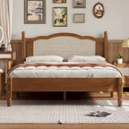 Wooden Platform Bed with Rattan Headboard and Slat Support