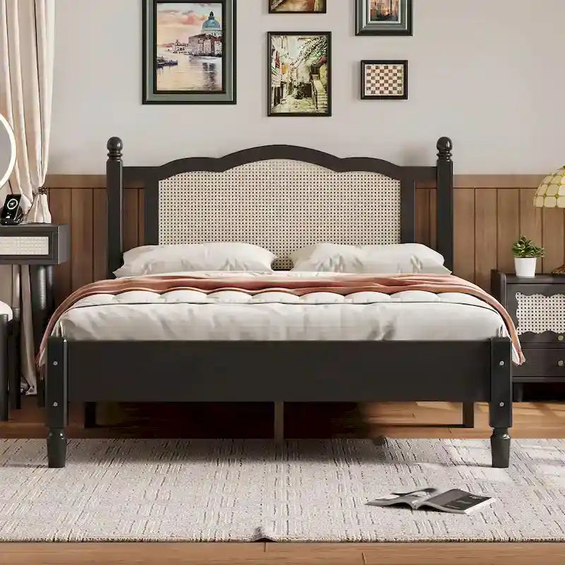 Wooden Platform Bed with Rattan Headboard and Slat Support