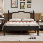 Wooden Platform Bed with Rattan Headboard and Slat Support