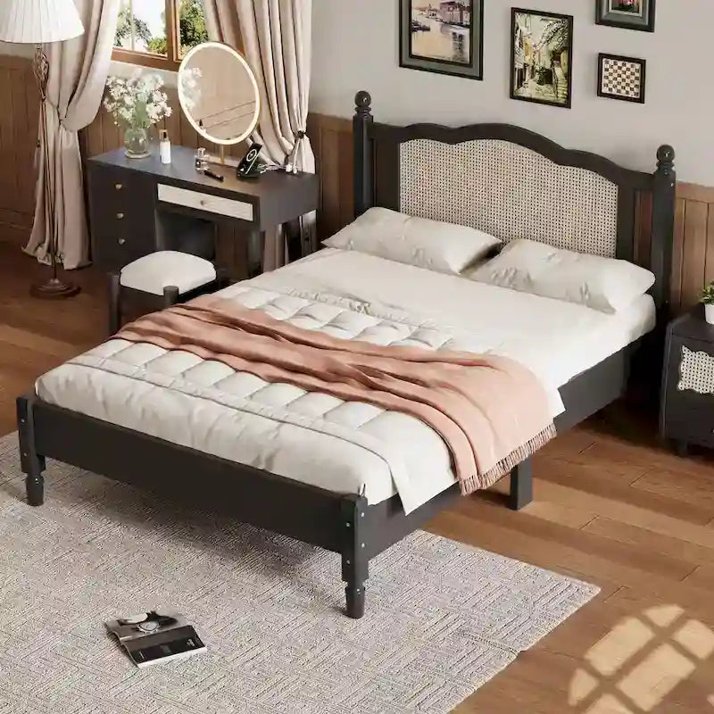 Wooden Platform Bed with Rattan Headboard and Slat Support