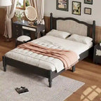 Wooden Platform Bed with Rattan Headboard and Slat Support