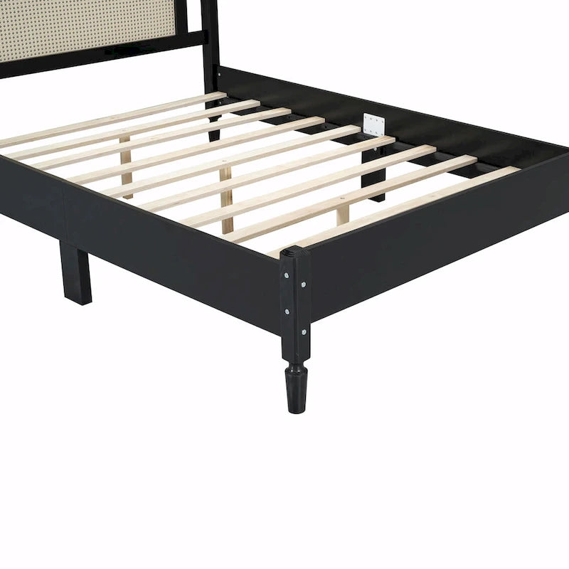 Wooden Platform Bed with Rattan Headboard and Slat Support