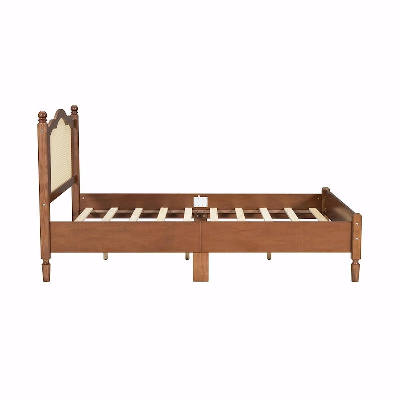 Wooden Platform Bed with Rattan Headboard and Slat Support