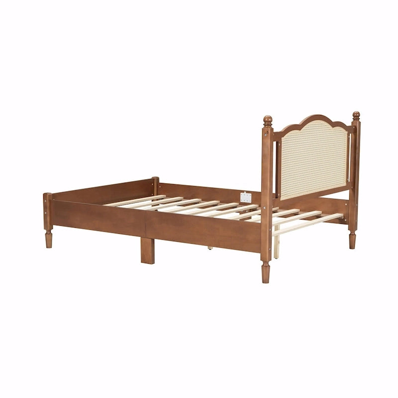 Wooden Platform Bed with Rattan Headboard and Slat Support