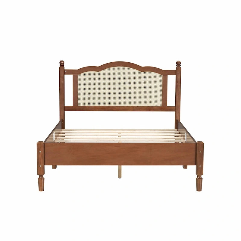 Wooden Platform Bed with Rattan Headboard and Slat Support