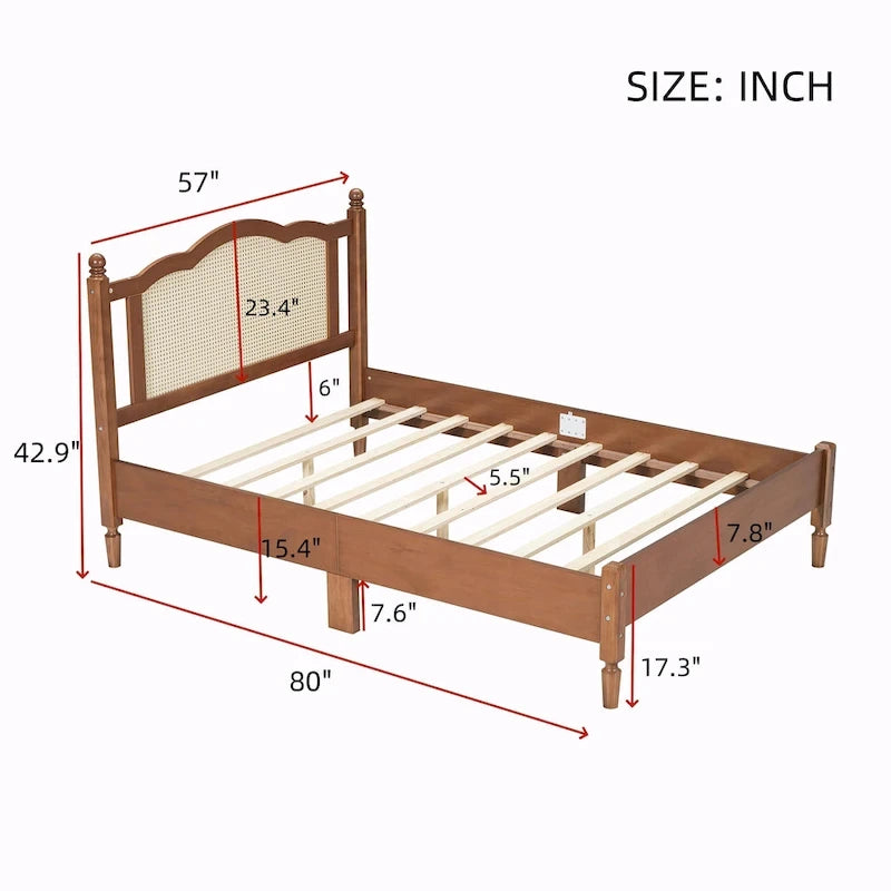 Wooden Platform Bed with Rattan Headboard and Slat Support