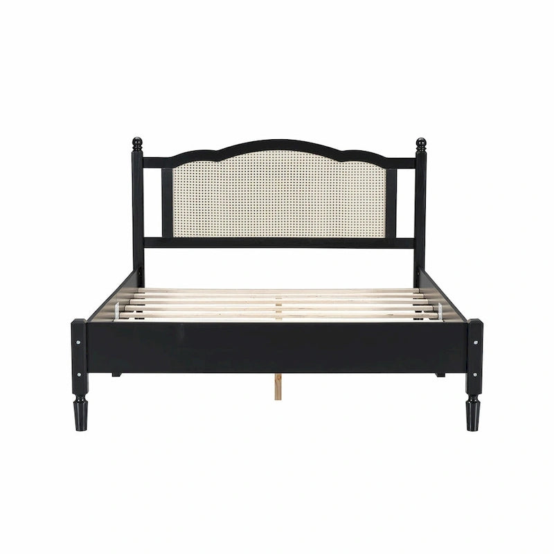 Wooden Platform Bed with Rattan Headboard and Slat Support