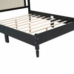Wooden Platform Bed with Rattan Headboard and Slat Support