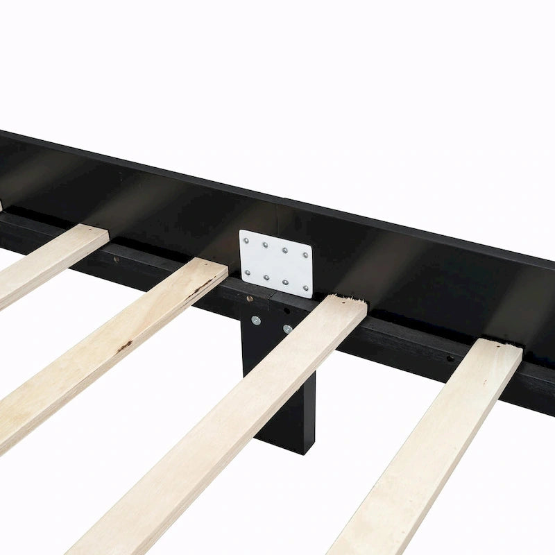 Wooden Platform Bed with Rattan Headboard and Slat Support