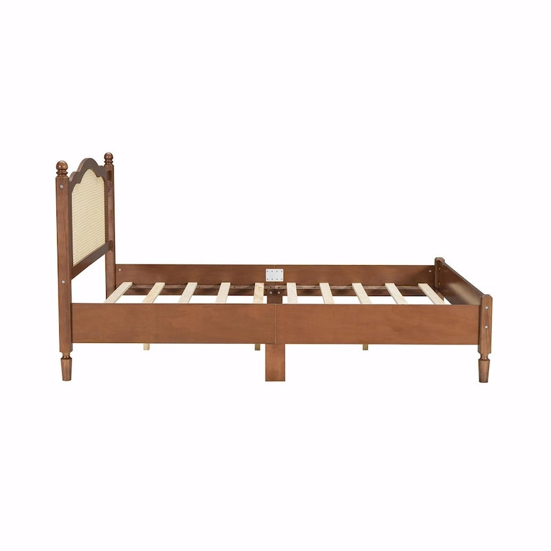 Wooden Platform Bed with Rattan Headboard and Slat Support