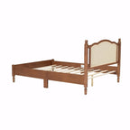 Wooden Platform Bed with Rattan Headboard and Slat Support