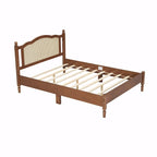 Wooden Platform Bed with Rattan Headboard and Slat Support