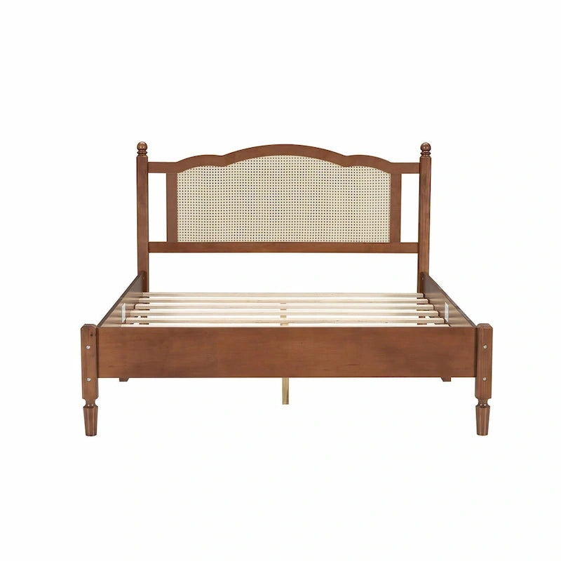 Wooden Platform Bed with Rattan Headboard and Slat Support