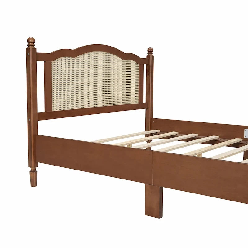 Wooden Platform Bed with Rattan Headboard and Slat Support