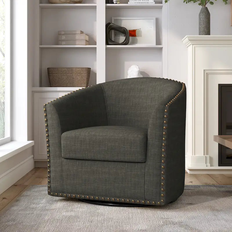 Modern Nailhead Upholstered Linen Swivel Accent Chair