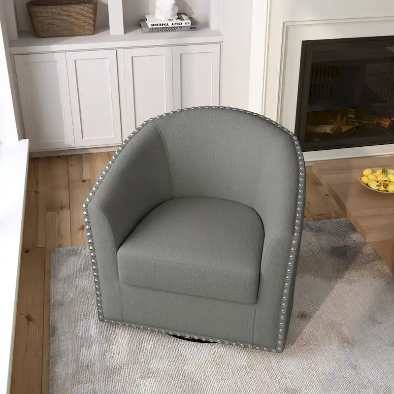 Modern Nailhead Upholstered Linen Swivel Accent Chair